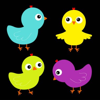Renkli kuş seti simgesi. Yüz kafaya. Tavuk piliç. Şirin çizgi film komik kawaii bebek karakteri. Mutlu Paskalyalar. Sonsuza dek arkadaşız. Tebrik kartı. Düz dizayn. Siyah arka plan. İzole edilmiş. Vektör illüstrasyonu