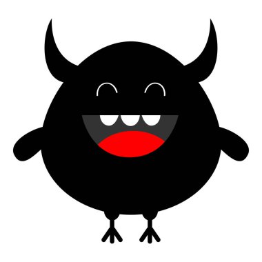Canavar siyah siluet. Mutlu Cadılar Bayramı. Şirin kawaii çizgi filmi korkunç komik karakter ikonu. Gözler, boynuzlar, eller, dişler, gülümseme. Komik bebek koleksiyonu. Beyaz arka plan izole edildi. Düz dizayn. Vektör