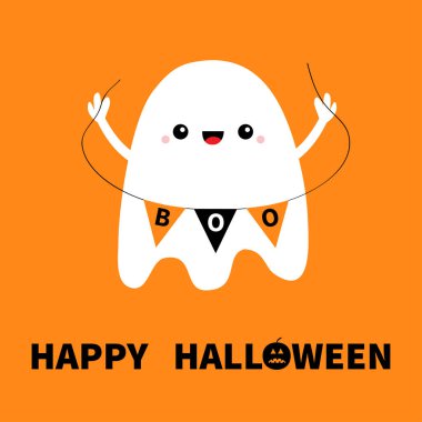 Uçan hayalet ruhunun elinde Bunting Boo bayrağı var. Mutlu Cadılar Bayramı. Şirin çizgi film kawaii ürkütücü karakter. Korkunç beyaz hayaletler. Gülümseyen yüz, eller. Turuncu arka plan. Tebrik kartı. Düz dizayn. Vektör