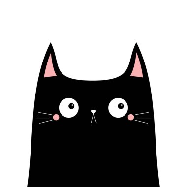 Kedi yavrusu kedicik kafalı siluet ikonu. Şirin siyah kawaii çizgi film karakteri. Üzgün surat. Sevgililer Günün kutlu olsun. Bebek tebrik kartı tişörtü, defter kapağı izi. Beyaz arka plan. Düz dizayn. Vektör