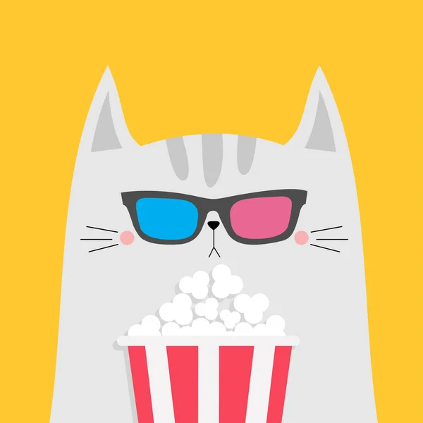 白猫和爆米花 电影院 有趣的卡通人物 电影放映 小猫戴着3D眼镜看电影 孩子们打印T恤笔记本封套 黄底孤立平面设计矢量 — 图库矢量图片