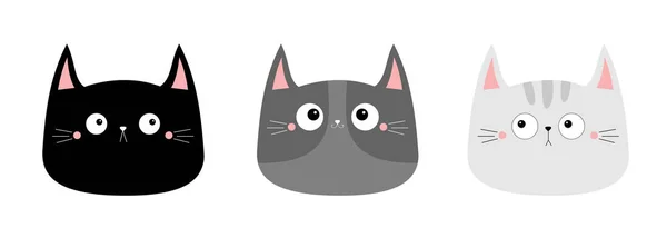 Lindo Gato Gris Negro Gatito Cabeza Cara Silueta Icono Conjunto — Archivo Imágenes Vectoriales