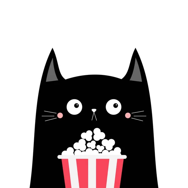 黑猫爆米花盒有趣的卡通人物 电影院 电影放映 小猫在看电影 孩子们打印T恤笔记本封套 白色背景 孤立无援平面设计矢量图解 — 图库矢量图片