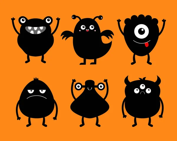 Conjunto Iconos Silueta Negra Monstruo Feliz Halloween Ojos Cuernos Manos — Vector de stock