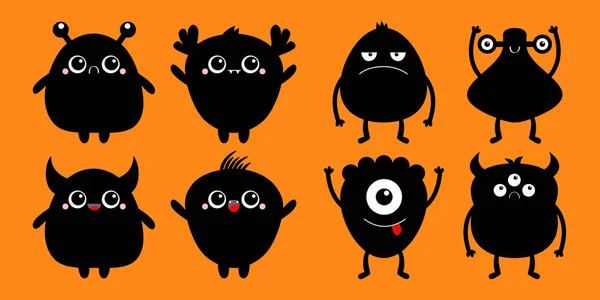 Aranyos Szörny Készlet Boldog Halloweent Rajzfilm Kawaii Szomorú Karakter Ikon — Stock Vector