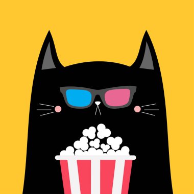 Kara kedi ve patlamış mısır. Sinema tiyatrosu. Sevimli çizgi film komik karakteri. Film şovu. Üç boyutlu gözlüklü kedi yavrusu film izliyor. Çocuklar not defteri kapağı için parmak izi alıyorlar. Sarı arkaplan izole edilmiş Düz Tasarım Vektörü