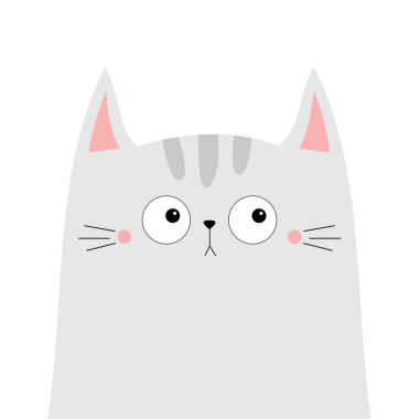 Şirin kedi yavrusu, kedi kafalı siluet ikonu. Sevgililer Günün kutlu olsun. Kawaii çizgi film karakteri. Üzgün surat. Pembe yanaklar. Bebek tebrik kartı tişörtü, defter kapağı izi. Beyaz arka plan. Düz dizayn. Vektör
