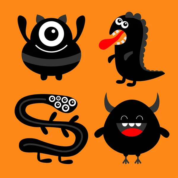 Feliz Halloween Conjunto Silueta Negro Monstruo Dino Serpiente Lindo Kawaii — Vector de stock