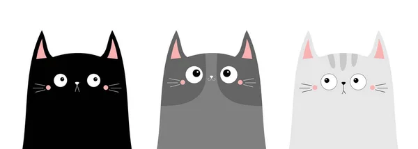 Cute Black Gray Cat Kitten Kitty Head Silhouette Icon Set — Stock Vector
