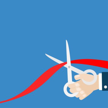 Grand opening ceremony. Businessman hand scissors cut red ribbon. Inauguration. Flat design style. Isolated template. Blue background. Vector illustration clipart