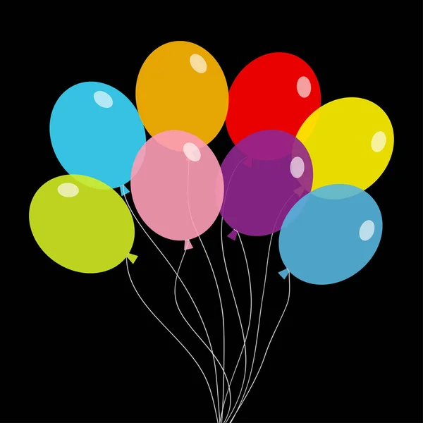 气球设置 一簇气球 色彩艳丽的透明氦气玩具在绳线上 在空中飞翔 平面设计 黑色背景 孤立无援矢量说明 — 图库矢量图片