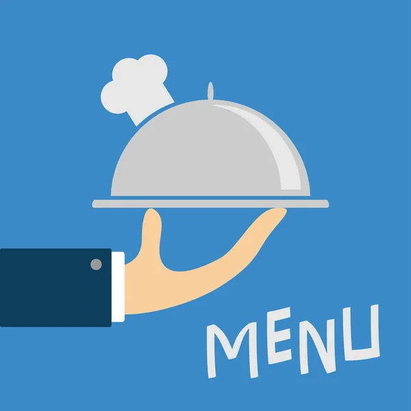 服务员手拿着银盘子盖着厨师帽 菜单卡 金属餐厅的食物块 可爱的卡通人物 蓝色背景 平面设计 矢量说明 — 图库矢量图片