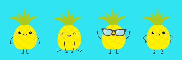 Ensemble Icônes Ananas Bonjour Été Mignon Dessin Animé Kawaii Sourire — Image vectorielle