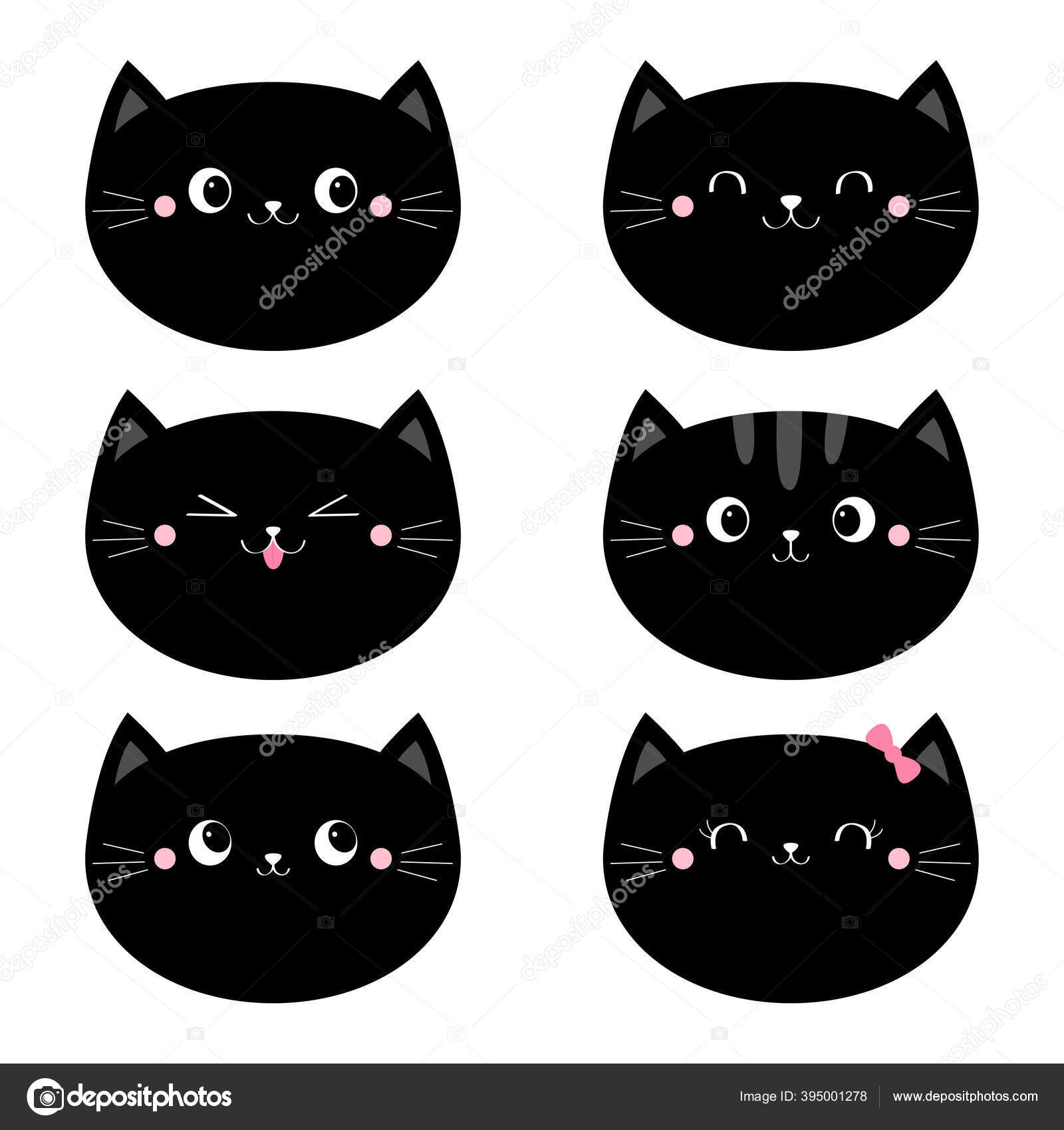 Black Round Fluffy Kitten Icon. Face Head Body, Tail. Cat Fat