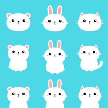 Beyaz tavşan, kutup ayısı, kedi, kedi, kedi, kedi. Kawaii çizgi film karakteri seti. Sevimli komik surat. Bebek tebrik kartı şablonu. Defter kapağı, tişört. Mavi arka plan. Düz dizayn. Vektör