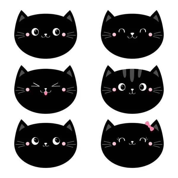 Conjunto Cara Gato Negro Lindo Divertidos Personajes Dibujos Animados Kawaii — Archivo Imágenes Vectoriales