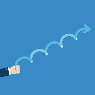 Zaman çizelgesinde yukarı doğru ok vidası kullanan bir iş adamı. Bilgi Şablonu. Düz dizayn. Mavi arka plan. İzole edilmiş. Vektör illüstrasyonu