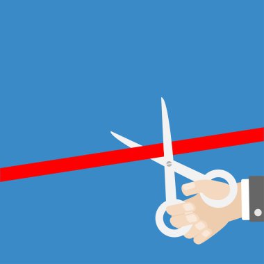 İşadamı el makası düz kırmızı kurdeleyi kesti. Büyük açılış töreni. Açılış töreni düz tasarım tarzı. İzole şablon. Mavi arka plan. Vektör illüstrasyonu