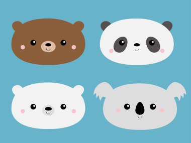 Sevimli ayı seti. Boz ayı, panda, koala, kutup yavrusu. Komik surat. Kawaii çizgi film karakteri. Sevgililer Günün kutlu olsun. Defter kapağı, tişört. Bebek tebrik kartı şablonu. Mavi arka plan. Düz Vektör