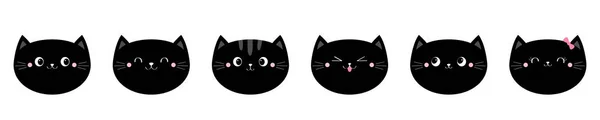 Cara Preta Gato Personagens Engraçados Engraçados Kawaii Desenhos Animados Coleção —  Vetores de Stock