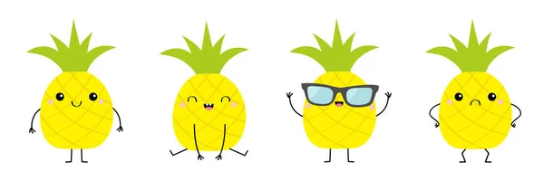 Ananas Fruit Icoon Set Hallo Zomer Leuke Cartoon Kawaii Glimlachende — Stockvector