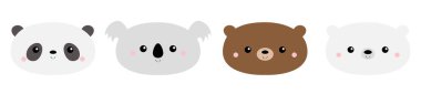 Sevimli ayı surat seti. Koala, boz ayı, panda, kutup yavrusu. Komik kafa. Kawaii çizgi film karakteri. Sevgililer Günün kutlu olsun. Defter kapağı, tişört. Bebek tebrik kartı şablonu. Beyaz arka plan. Düz Vektör