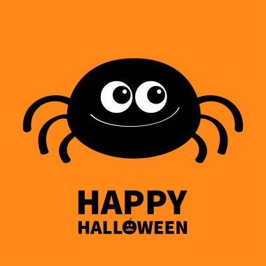 Mutlu Cadılar Bayramı. Örümcek ikonu. Şirin çizgi film kawaii çocukları yavru hayvan karakteri. Siyah siluet. Gülen komik böcek. Büyük gözler. Düz dizayn. İzole edilmiş. Turuncu arka plan. Vektör illüstrasyonu