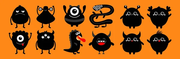 Niedliches Schwarzes Monster Set Frohes Halloween Karikatur Kawaii Traurige Charakter — Stockvektor