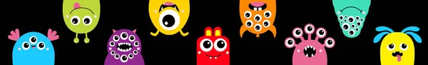 モンスターの頭の顔のアイコンセットライン ハロウィン カラフルなシルエット 歯の牙 手を上げる かわいい漫画かわいい怖い面白い赤ちゃんのキャラクター 黒の背景 フラットデザイン ベクトル — ストックベクタ