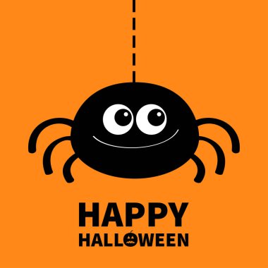 Mutlu Cadılar Bayramı. Örümcek ikonu. Çizgi ağı asılıyor. Şirin çizgi film kawaii çocukları yavru hayvan karakteri. Siyah siluet. Gülen komik böcek. Büyük gözler. Düz dizayn. İzole edilmiş. Turuncu arka plan. Vektör