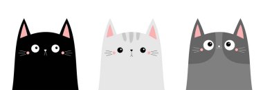 Kedi kafası siluet simgesi seti. Komik kawaii gülümsüyor üzgün siyah gri kedi yavrusu kedi yavrusu hayvan. Sevimli çizgi film komik karakteri. Hayvan koleksiyonu. Düz dizayn Bebek arka planı. Vektör illüstrasyonu