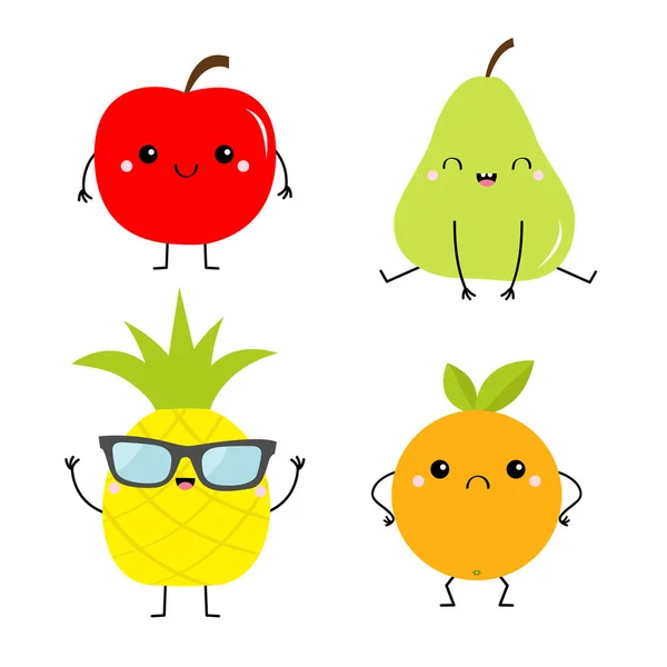 Poire Pomme Ananas Orange Fruits Icône Ensemble Mignon Dessin Animé — Image vectorielle