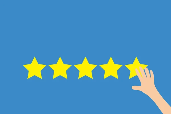 人的手把估计值 手指按5颗金星按钮客户评审的满意度评审 五星级评级选择系统 商人指指点点 平面设计 蓝色背景 — 图库矢量图片