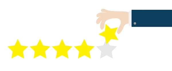 客户评审的满意度评审 五星级评级选择系统 人类的手指头估计 五颗金星商人指指点点 平面设计 白色背景 孤立无援B — 图库矢量图片