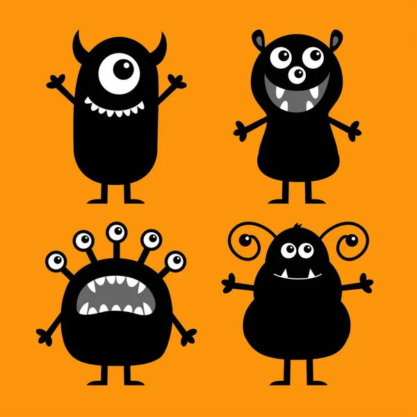 ハロウィン モンスターセット かわいいかわいい漫画の赤ちゃんのキャラクターアイコン 面白い顔の頭の黒いシルエット 目の歯は 手を握って舌牙 フラットデザイン オレンジの背景 ベクトル — ストックベクタ