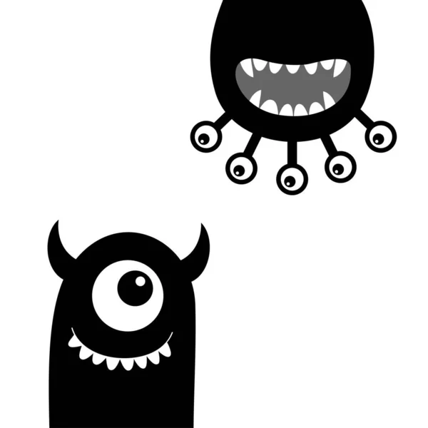 Monster Set Frohes Halloween Lustiges Gesicht Kopf Schwarze Silhouette Kopfüber — Stockvektor