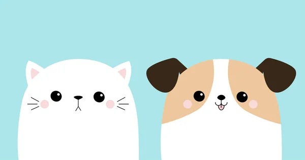 可爱的猫狗的头设置 有趣的小猫咪悲伤的小狗 Kawaii动物 白色的轮廓 可爱的卡通猫角色 情人节快乐 情人卡平面设计蓝色背景矢量插图 — 图库矢量图片
