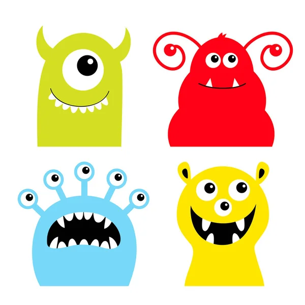 Joyeux Halloween Ensemble Icônes Monstre Tête Visage Drôle Silhouette Colorée — Image vectorielle