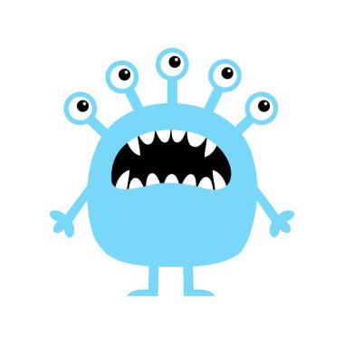 Canavarlar. Tatlı çizgi film kawaii komik bebek karakteri. Mavi siluet. Çığlık atan surat, kafa. Bir sürü göz, sivri dişler. Tişört tebrik kartı, etiket baskısı. Düz dizayn. Beyaz arka plan. İzole edilmiş. Vektör