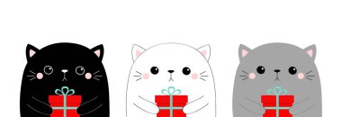 Şirin kedi suratlı kulaklık. Hediye kutusu. Kawaii hayvanı. Gri Siyah Contour silueti. Şirin çizgi film kedisi. Komik bebek üzgün kedi. Sevgililer Günün kutlu olsun. Aşk kartı. Düz dizayn. Beyaz arka plan. Vektör