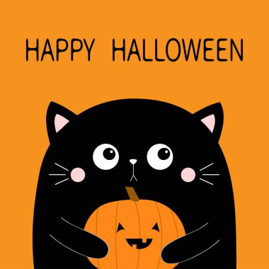 Mutlu Cadılar Bayramı. Kedi suratlı balkabağı tutuyor. Sevimli çizgi film karakteri. Kawaii yavru hayvanı. Yuh! Defter kapağı, tişört, tebrik kartı, çıkartma. Düz dizayn. İzole edilmiş. Turuncu arka plan. Vektör