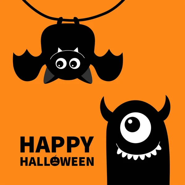 Feliz Halloween Lindo Murciélago Cara Monstruo Con Colmillos Cuernos Dibujos — Vector de stock