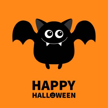Mutlu Cadılar Bayramı. Sevimli yarasa. Uçan siluet simgesi. Çizgi film kawaii komik bebek karakteri açık kanatlı, gözlü, kulaklı. Orman hayvanı. Düz dizayn. Tebrik kartı. Turuncu arka plan. İzole edilmiş. Vektör
