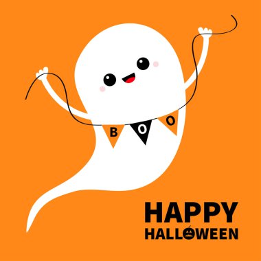 Mutlu Cadılar Bayramı. Kiraz kuşu bayraklı şirin hayalet ruhu. Çizgi film kawaii ürkütücü bebek karakteri. Korkunç uçan beyaz hayaletler. Gülümseyen yüz, eller. Tebrik kartı. Turuncu arka plan. Düz dizayn. Vektör