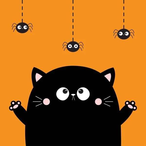 万圣节快乐可爱的猫脸看着挂着的蜘蛛 Boo 卡通角色 Kawaii小动物 笔记本封面 贴纸打印 平面设计 橙色背景 — 图库矢量图片