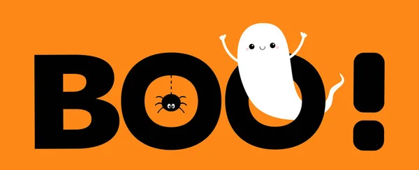 Flying Ghost Spirit Boo Text Hanging Spider Insect Happy Halloween — Stock Vector