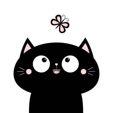 Kedi suratlı kelebek böceğine bakıyor. Sevimli çizgi film karakteri ikonu. Kawaii hayvanı. Bebek kartı. Büyük gözler. Düz dizayn. Defter kapağı, tişört, tebrik kartı, çıkartma. Beyaz arka plan. Vektör