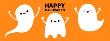 Mutlu Cadılar Bayramı. Üç hayalet ruh çizgisi. Korkunç uçan beyaz hayaletler. Yuh! Şirin çizgi film kawaii ürkütücü bebek karakteri. Gülümseyen yüz, eller. Turuncu arka plan. Düz dizayn. Vektör illüstrasyonu