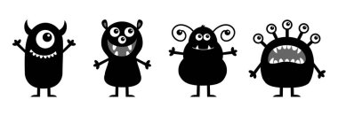 Canavar çizgisi. Mutlu Cadılar Bayramı. Şirin kawaii çizgi film karakteri ikonu. Gözler sivri diş dili, el ele tutuşmalar. Komik surat, siyah siluet. Düz dizayn. Beyaz arka plan. Vektör