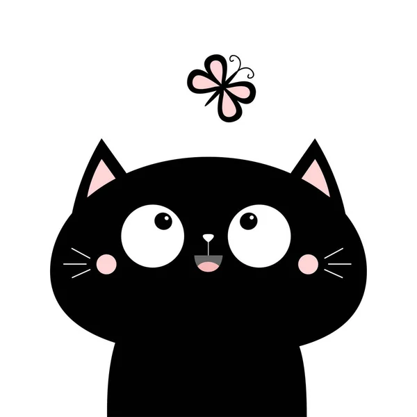 Cabeza Gato Mirando Insectos Mariposa Lindo Icono Personaje Dibujos Animados — Vector de stock